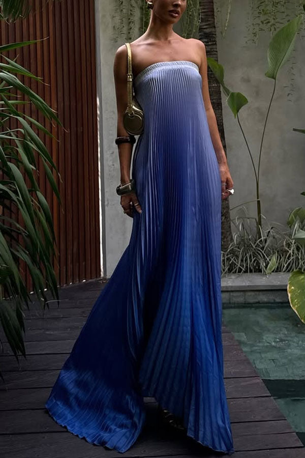 Really Special Pleated Gradient Print Elastic Bust Strapless A-line Maxi  Dress