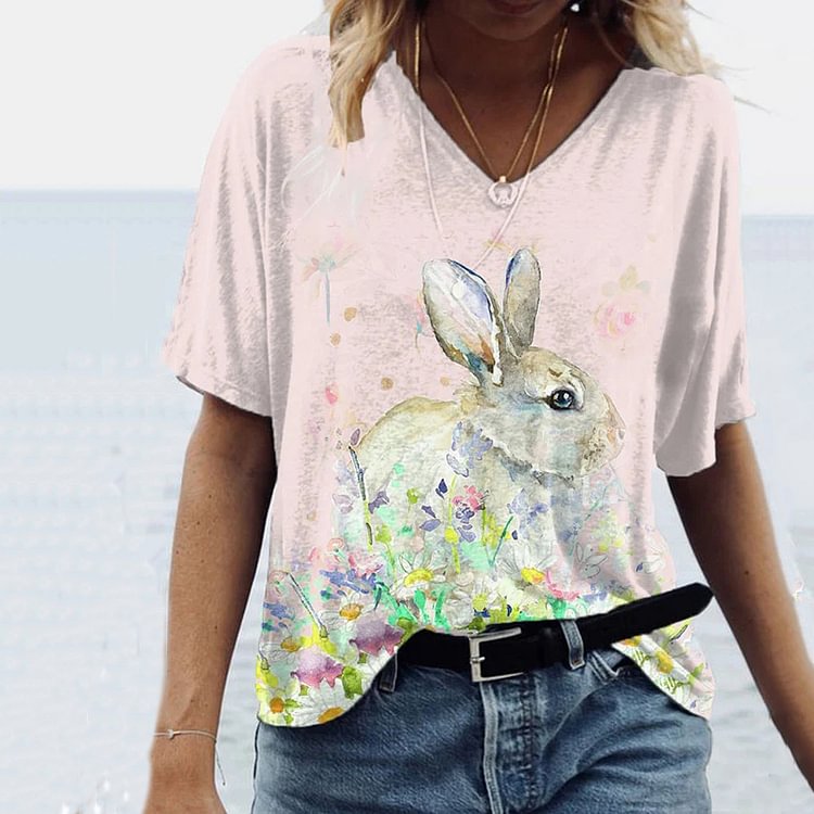 Comstylish Easter Bunny Print V Neck Short Sleeve T-shirt
