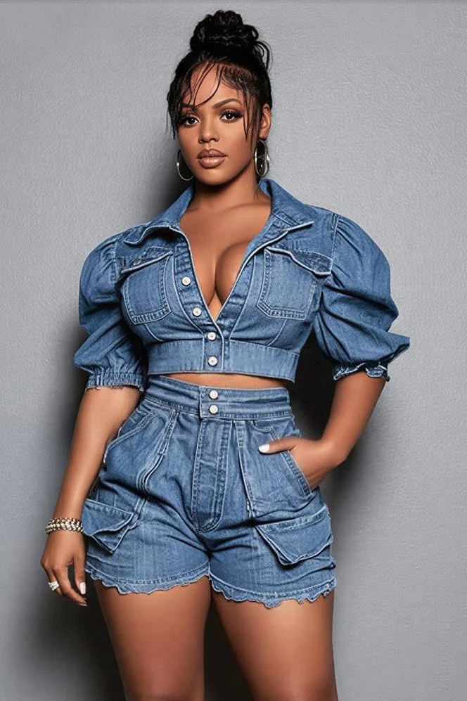 Xpluswear Design Plus Size Party Light Blue Shirt Collar Short Sleeve Pocket Crop Denim Two Piece Short Sets [Pre-Order] 2024 - Xpluswear