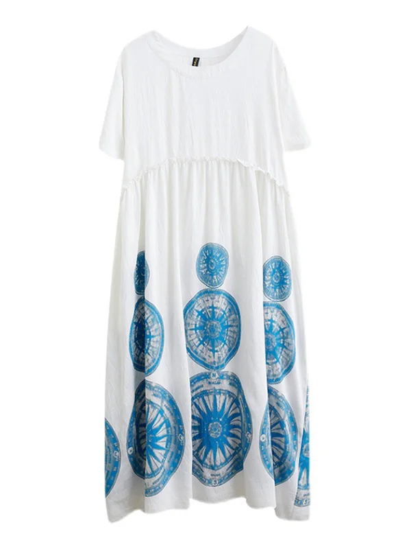 Ramie Cotton Round-Neck Ethnic Printed Loose Dress