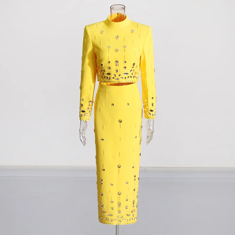 Brownm Fashion And Leisure Suit Women 2025 Spring New Diamond Splicing High Sense Two Sets Of Long-Sleeved Skirt Set