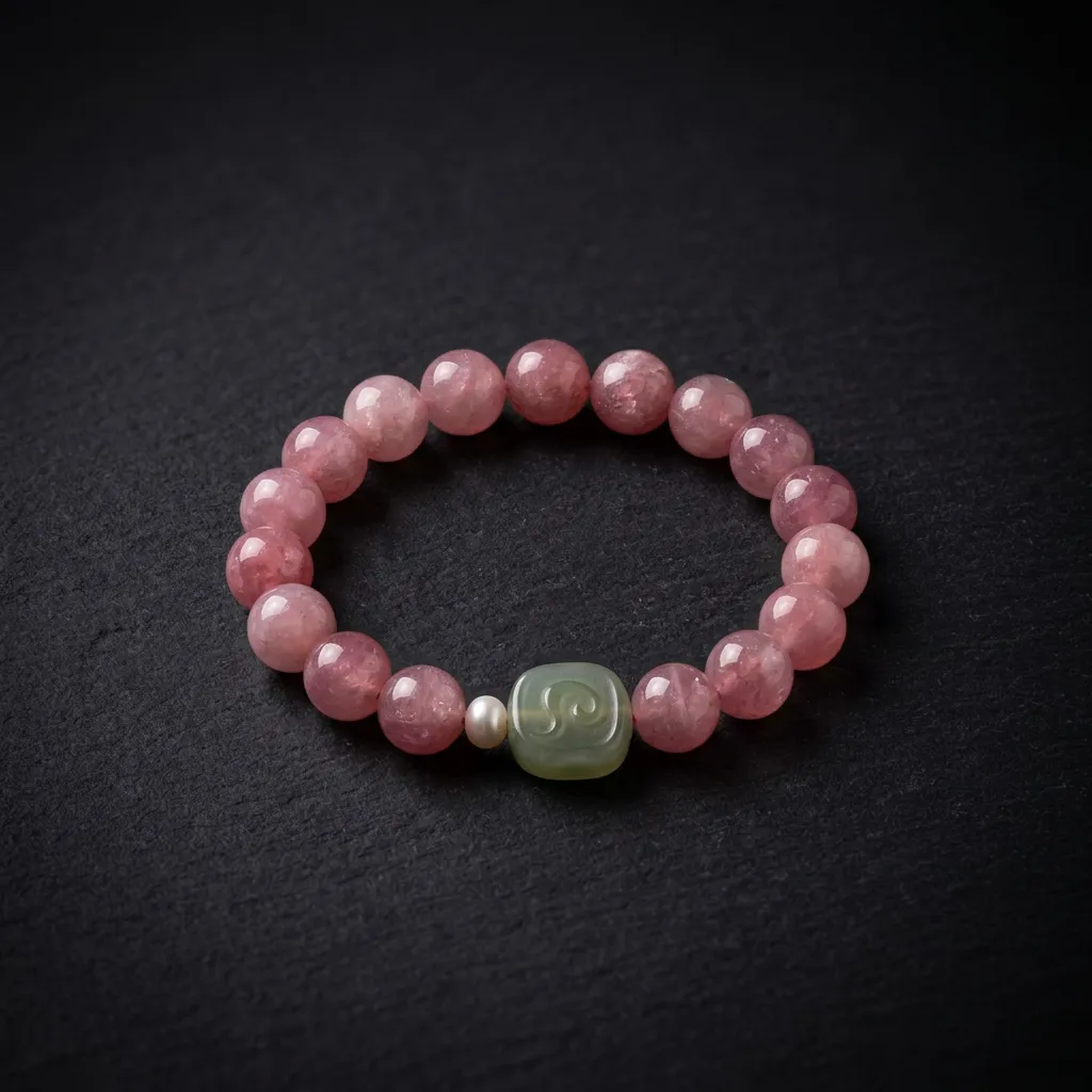 JiStones Eternal Radiance: Rose Quartz & Hetian Jade Harmony Bracelet Serene Orchid - 7-8mm