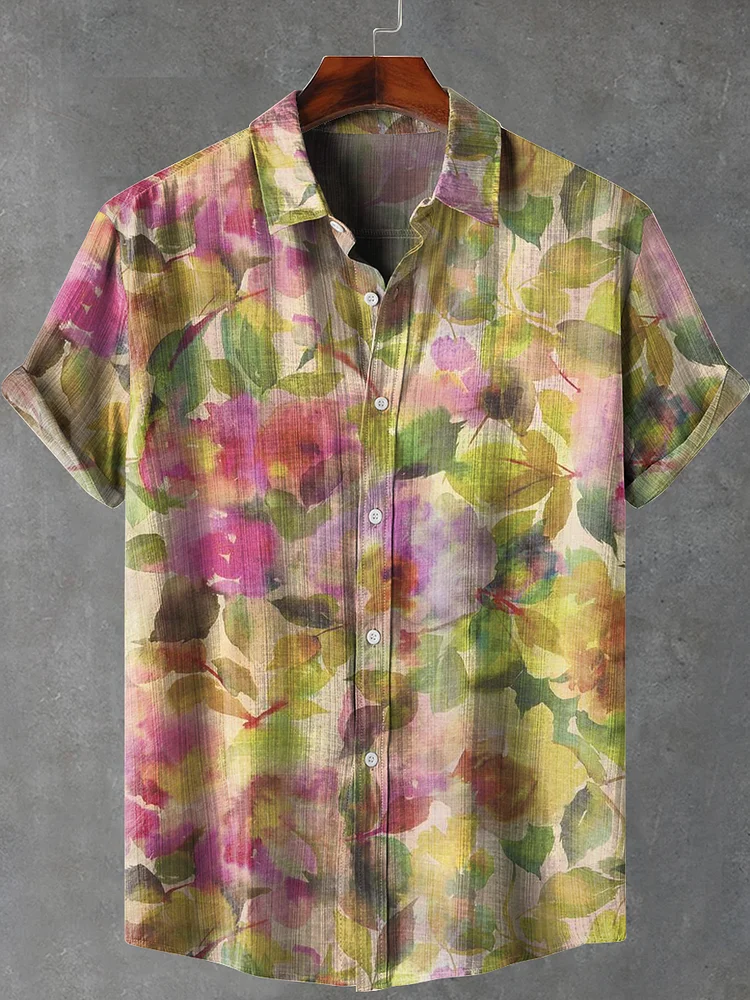 Summer Flowers Blooming Art Print Lapel Casual 100% Cotton Shirt
