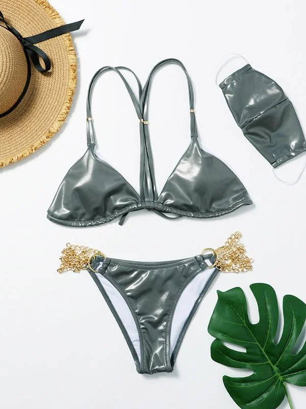 Wet Look Solid Color Triangles Split Bikini Swimsuit+Mask