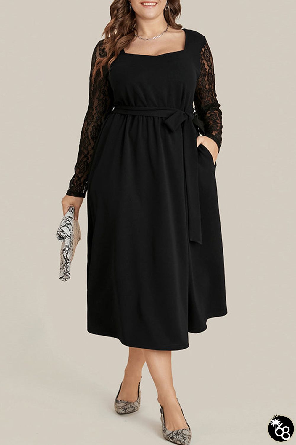 Black Plus Size Sheer Lace Sleeve Belted Ruffle Midi Dress | 168DEAL