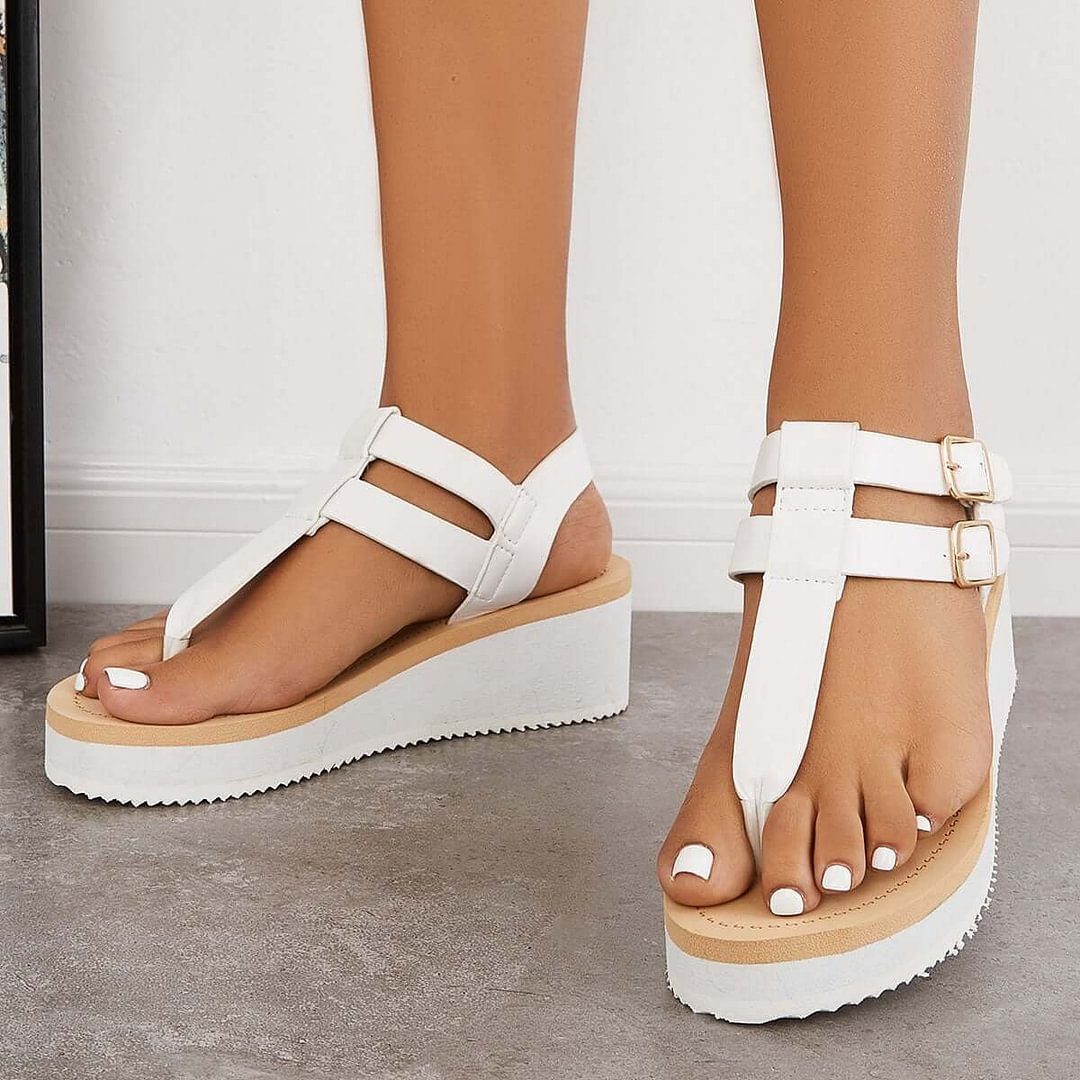 White Soft Platform Wedge Flip Flops Ankle Strap Sandals