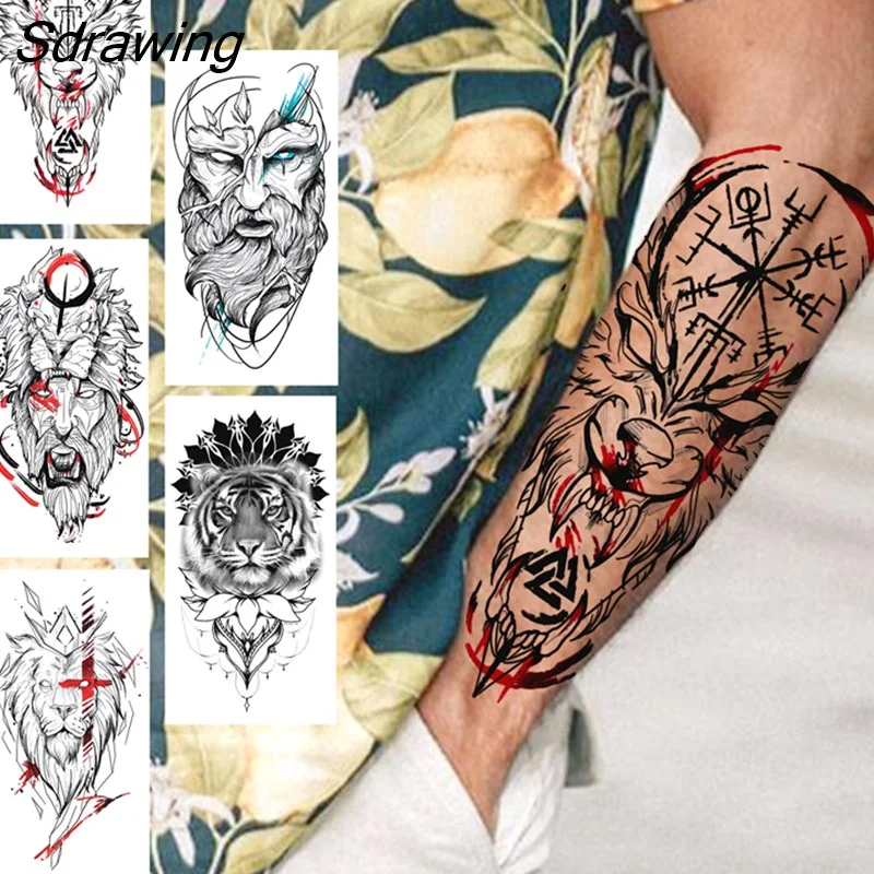Sdrawing Wolf Temporary Tattoos For Men Women Adult Fake Lion Tattoo Sticker Tiger Black Tribal Body Art Drawings Tatoos Arm