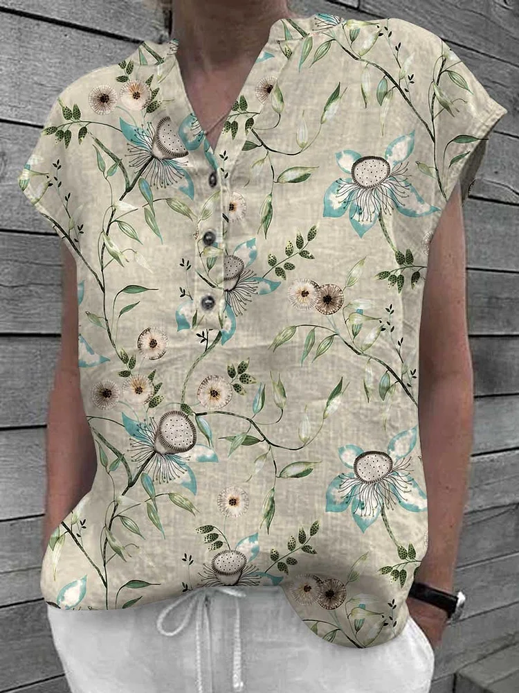 Women's Classic Floral Pattern V-Neck Cotton and LinenTop