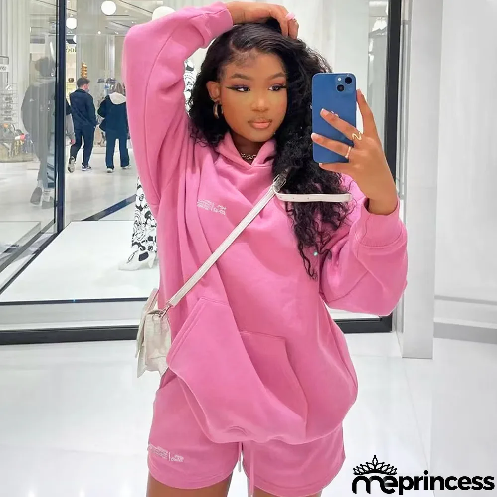 Women'S Fall Hoodies Shorts Set Fashion Sports Logo Long Sleeve Pullover Hooded Hoodies Two Piece Set