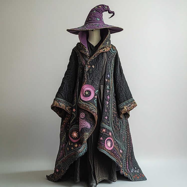 Embroidered wizard Cape and embroidered wizard hat set 00ef