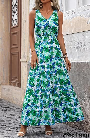 V-Neck Sleeveless Printed Maxi Dress