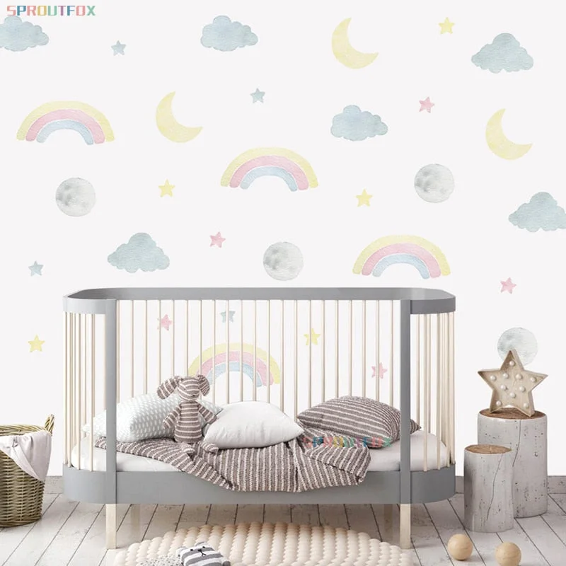 Colorful Rainbow Cartoon Moon Clouds Stars Wall Stickers for Baby Room Kids Room Modern Decoration Vinyl Nursery Decals