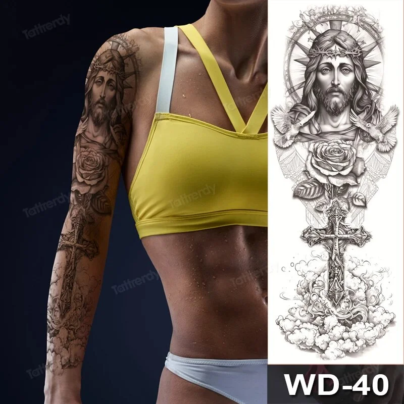 Sdrawing Size Leg Thigh Temporary Tattoo Stickers Full Arm Sleeve Wolf Carp Fox Peony Flower Fake Tattoo Sleeves Sexy Body Painting