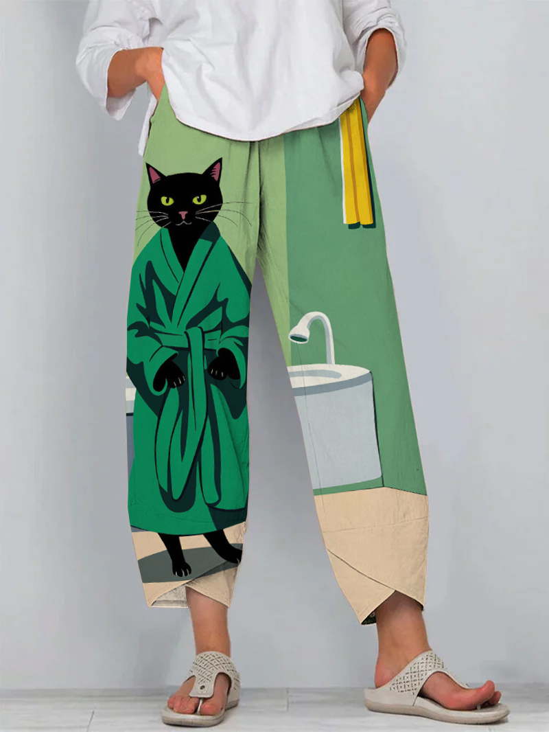 Cute Bathrobe Cat Art Print Cropped Pants