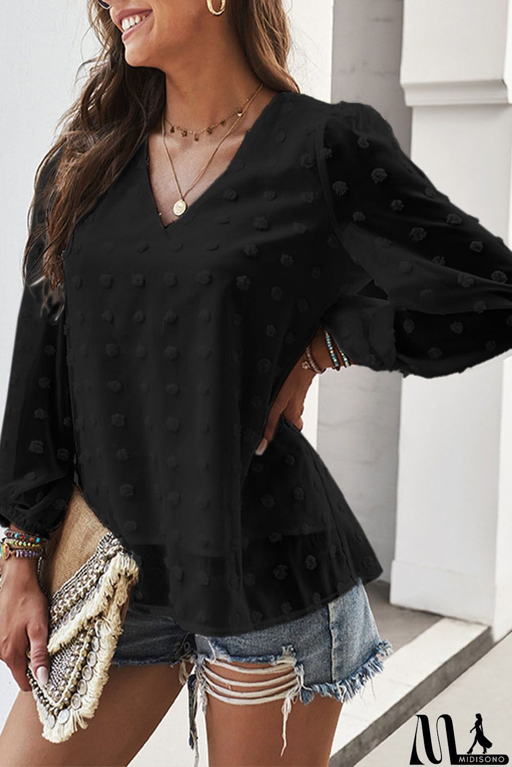 MidiSono - Swiss Dot Bubble Sleeve Blouse