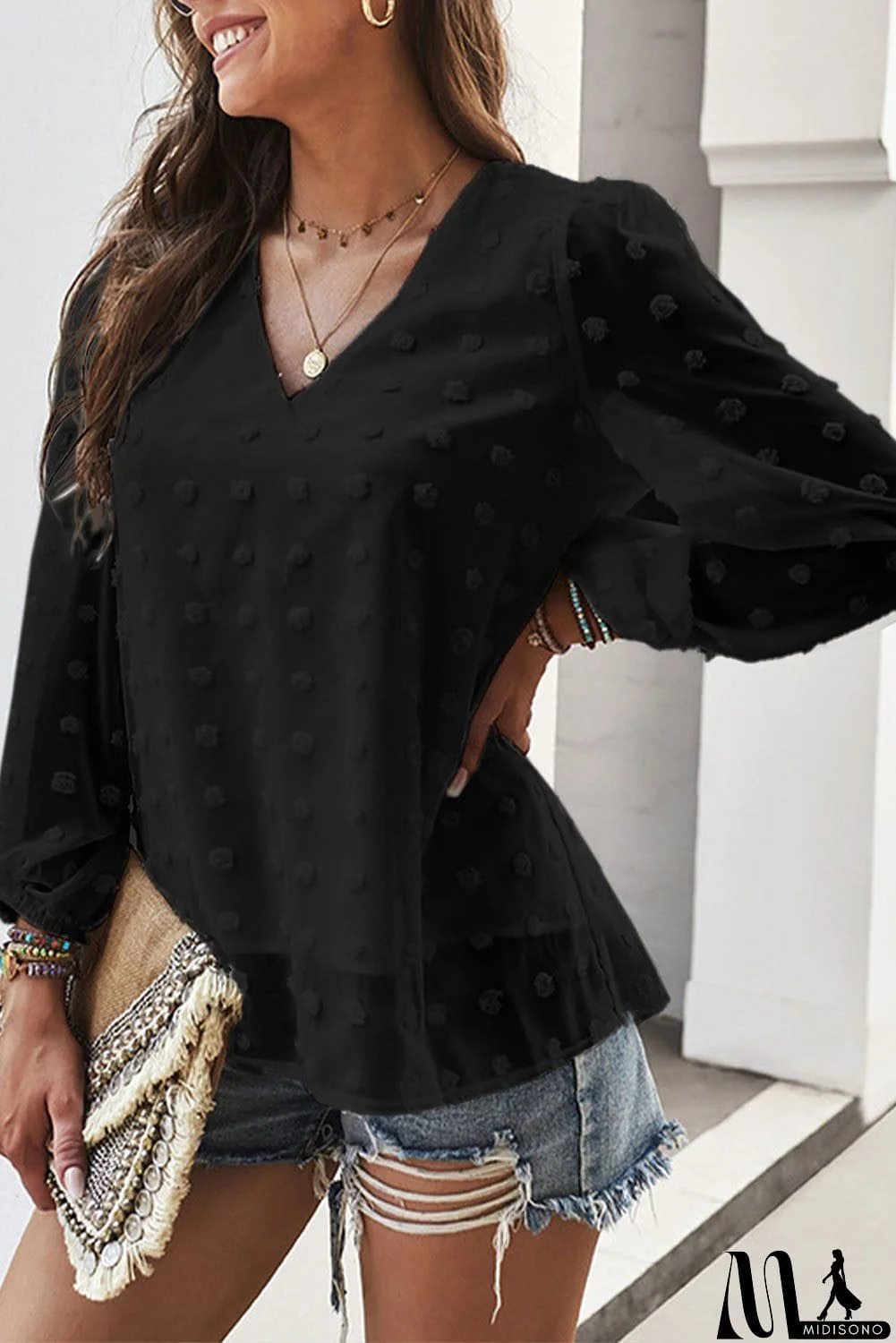 MidiSono - Swiss Dot Bubble Sleeve Blouse