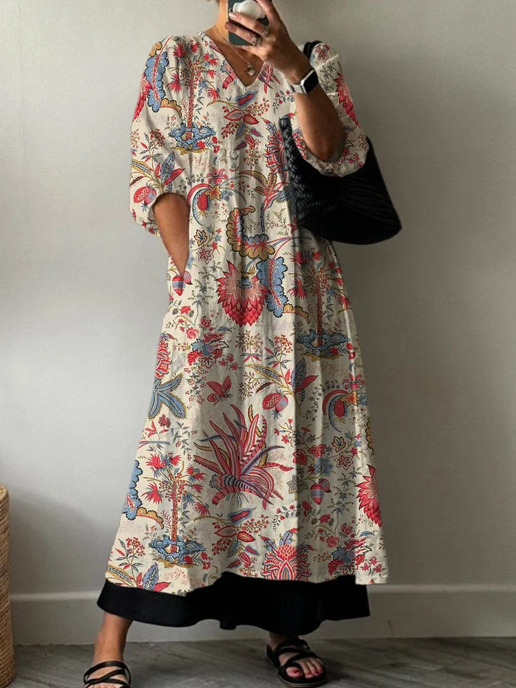 Colorful Plant Decorative Pattern Pocket V-neck Cotton Dress