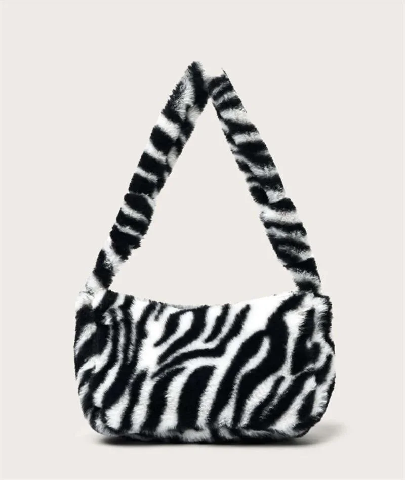 2021 Black White Leopard Minimalist Fashion Hot Sale Cute Handbags Purse Women Shoulder Baguette Bags Fake Fur Underarm Bags