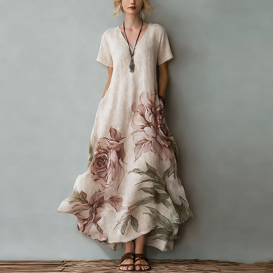 Comstylish Women's Retro Plant Flower Pattern V-neck Short-sleeve Casual Linen Dress