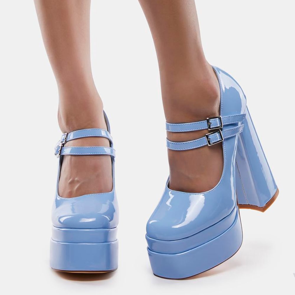 Light Blue Leather Square Toe Pumps With Platform Chunky Heels Nicepairs