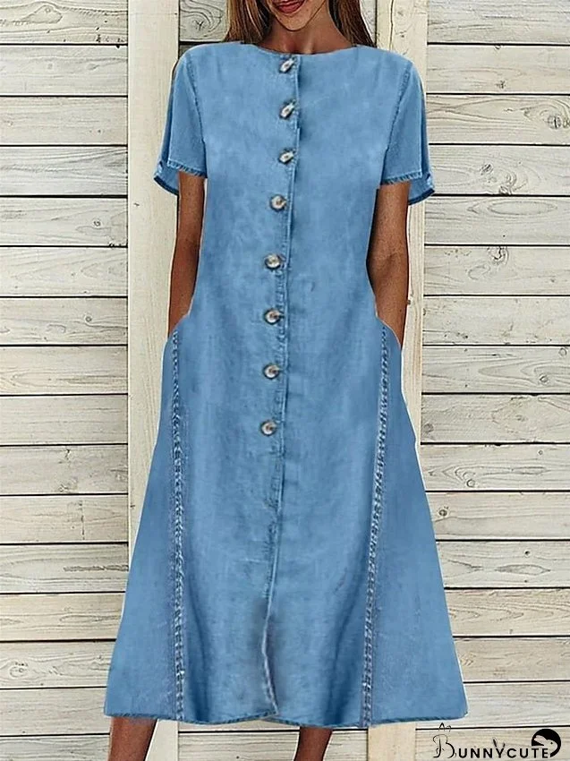Denim Dress Casual Dress Midi Dress Denim Basic Modern Outdoor Daily Crew Neck Button Pocket Short Sleeve Summer Spring Regular Fit Blue Plain S M L XL 2XL for Women