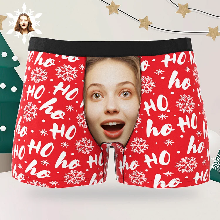 Custom Men's Photo Boxers Personalized Christmas Big Face Red Underwear Christmas Gift for Him