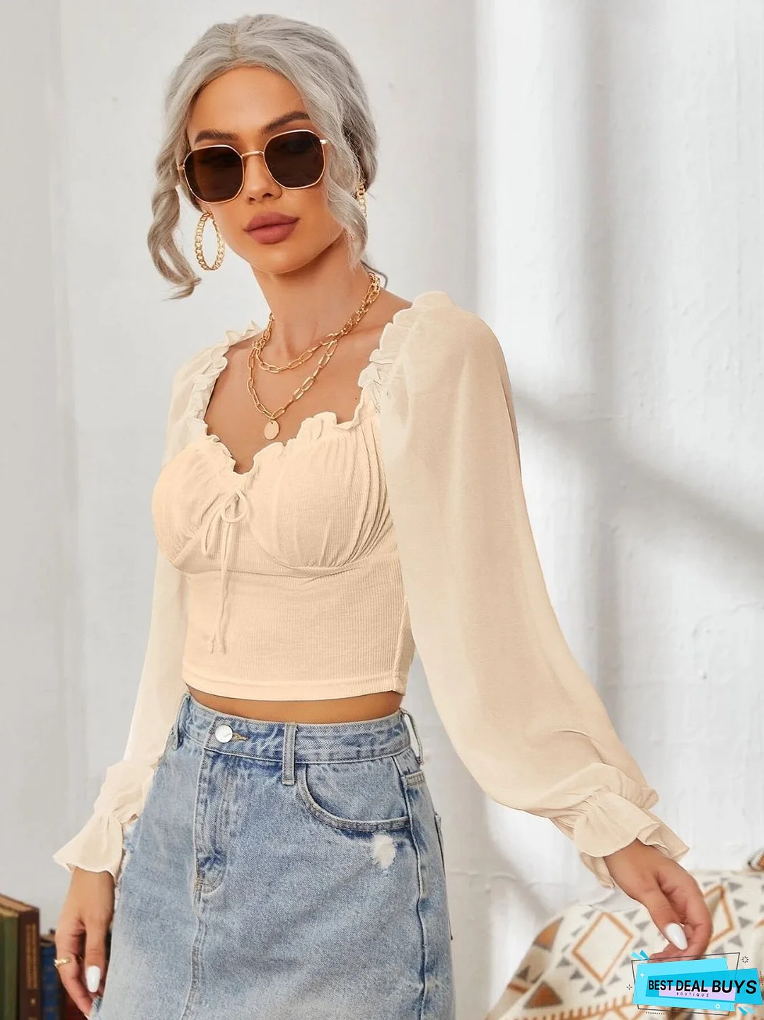 Mesh Sweetheart Neck Flounce Sleeve Top