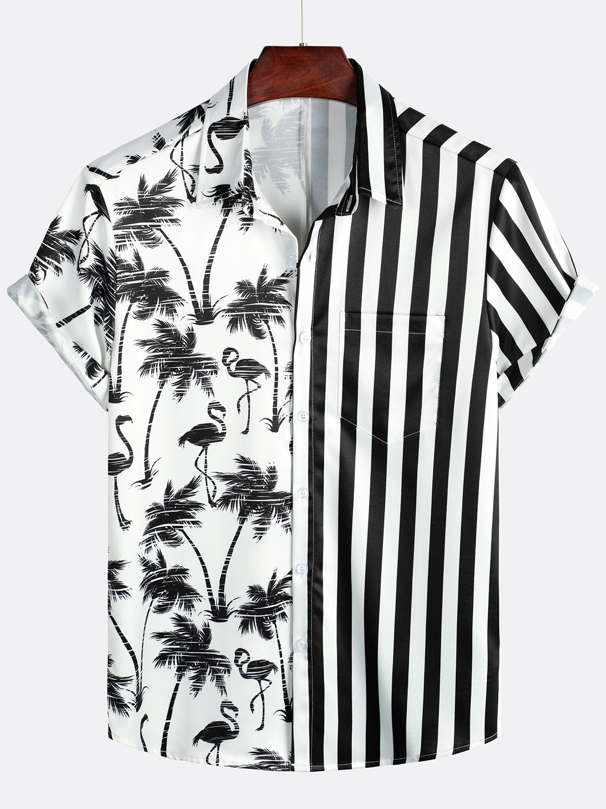 Men's Tropical Flamingo Print Black White Striped Pocket Summer Hawaiian Short Sleeve Shirt