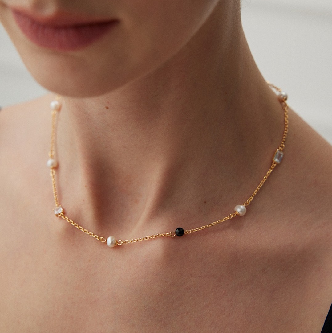 Black Agate Pearl Gold Vermeil Chain Necklace