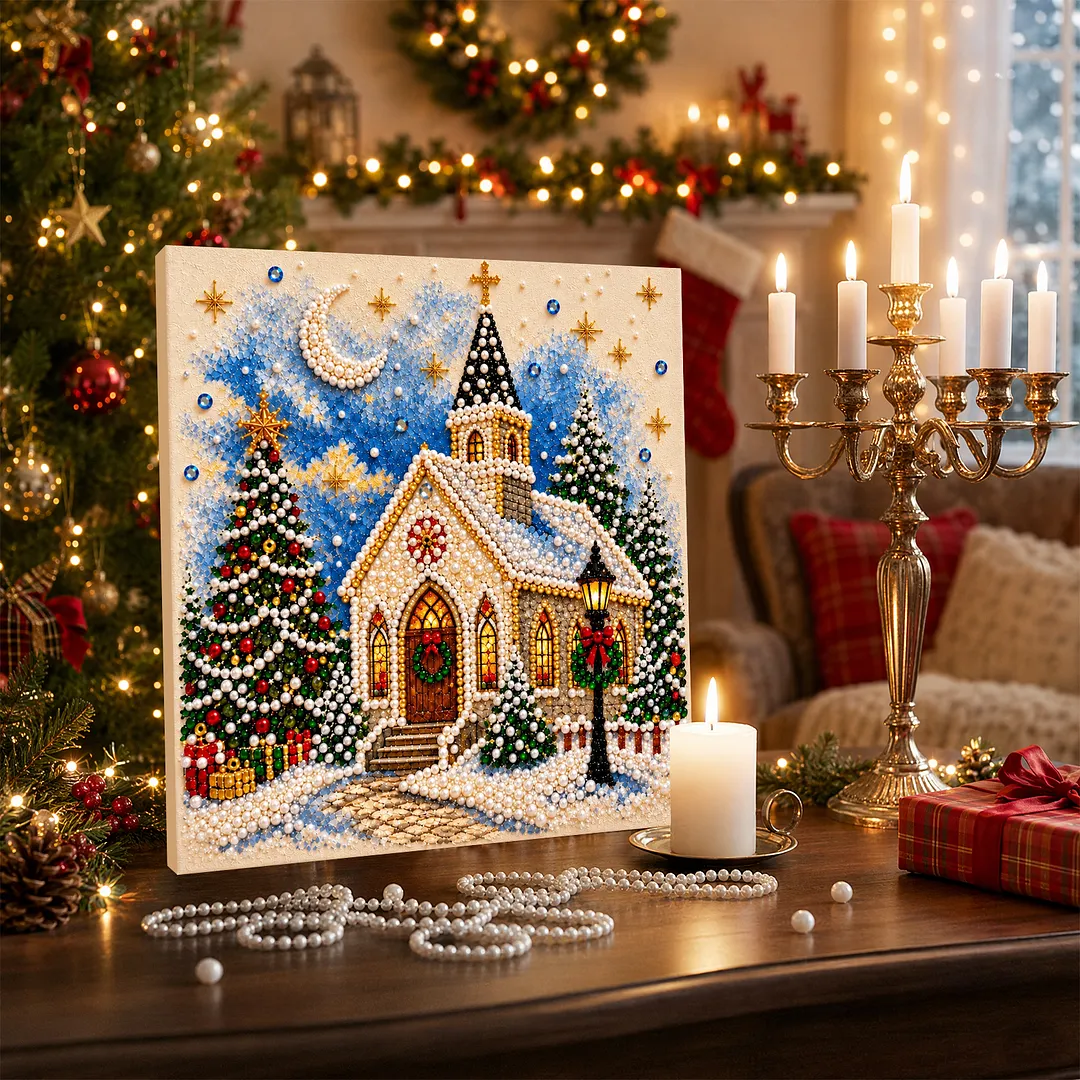 Framed Pearl Painting Kit Christmas Church Art 11.81x11.81in