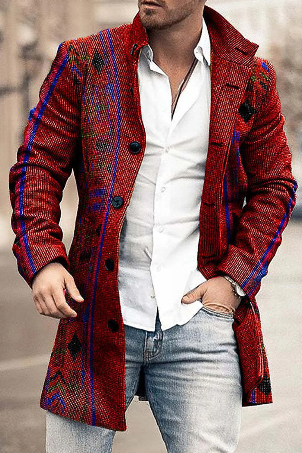 Cappotto di lana monopetto stampato con frange astratto geometrico alla moda maschile