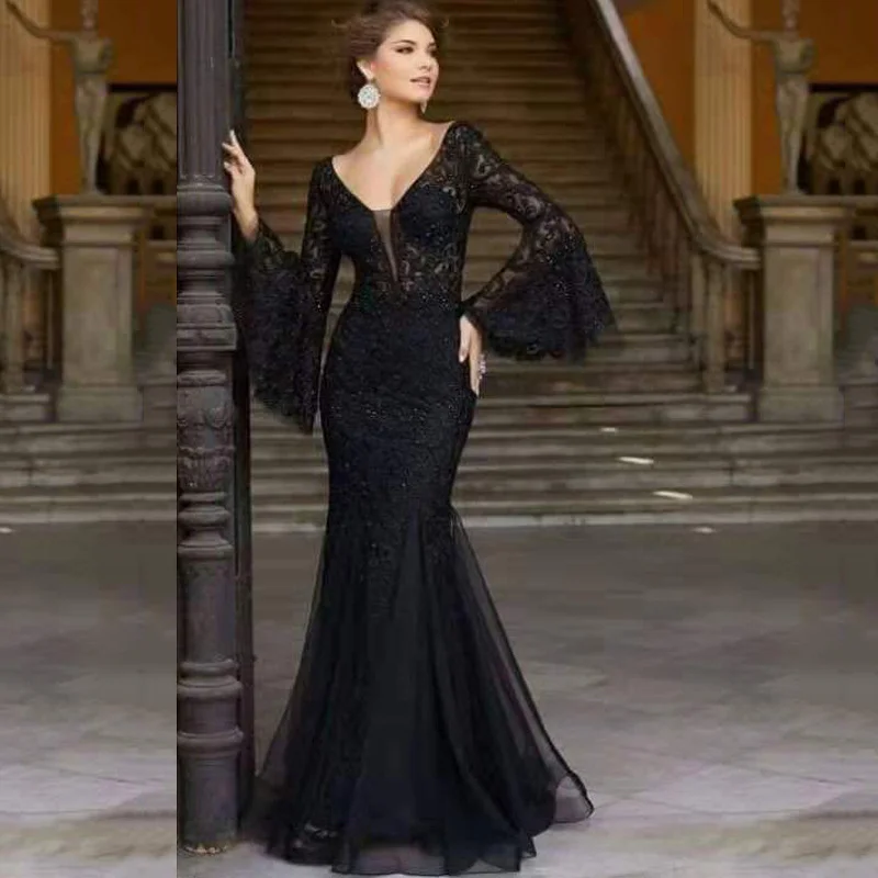 Brownm Brownm Summer New Elegant Sexy Fishtail Long Banquet Dress Female Black Anchor Lace Dress