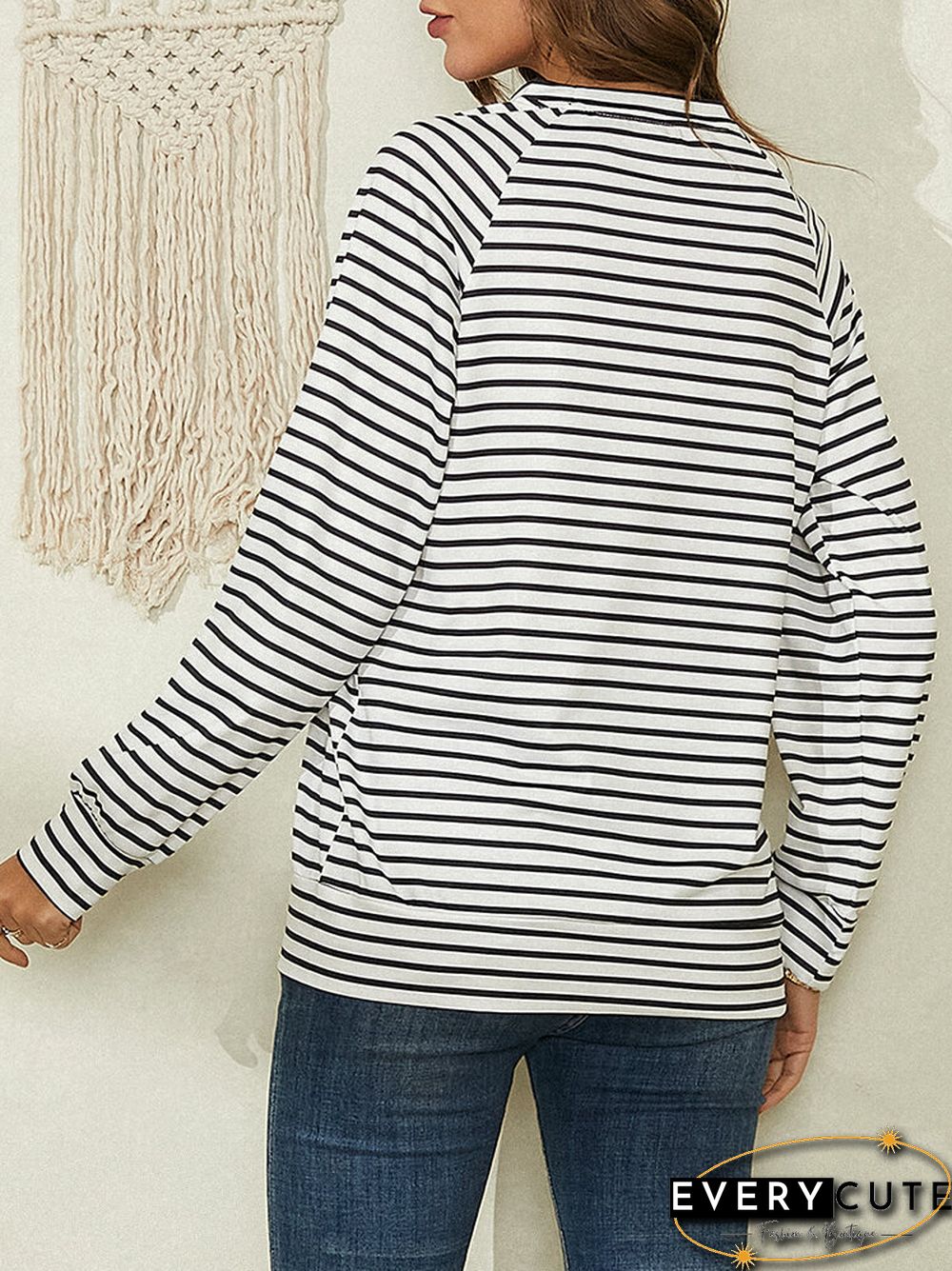Striped Cartton Print O-neck Long Sleeve Casual T-shirt For Women
