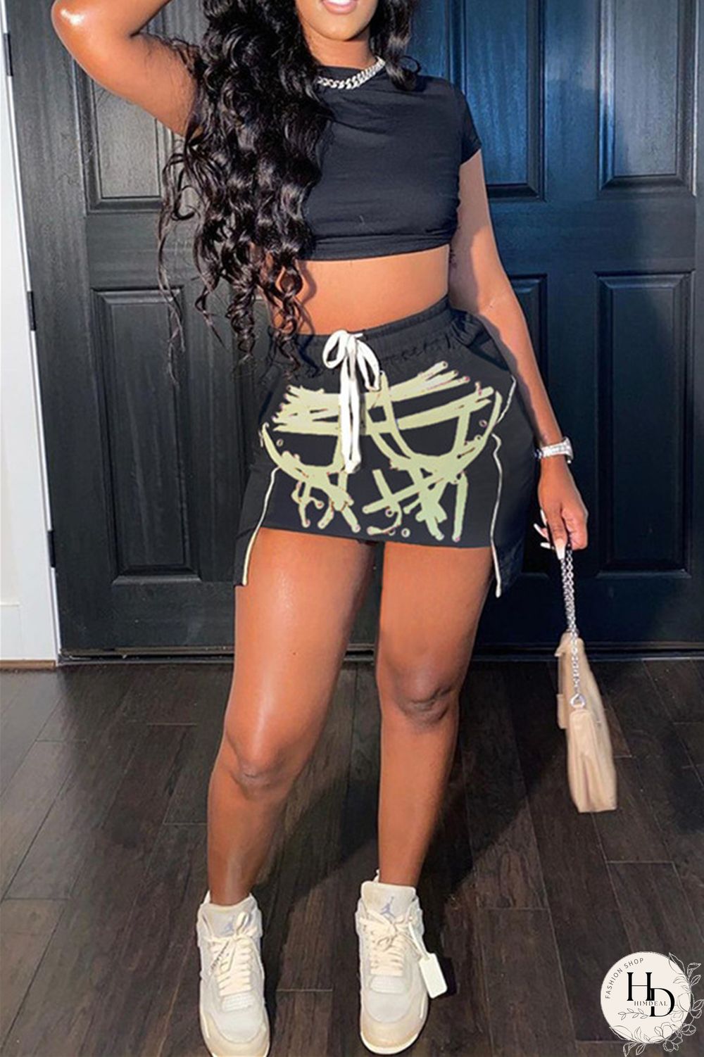 Red Fashion Sexy Print Asymmetrical O Neck Short Sleeve Two Pieces