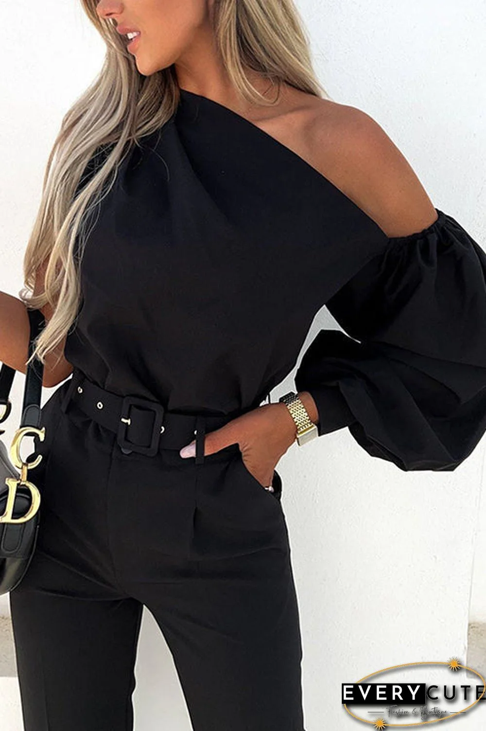 One Shoulder Puff Sleeve Blouse