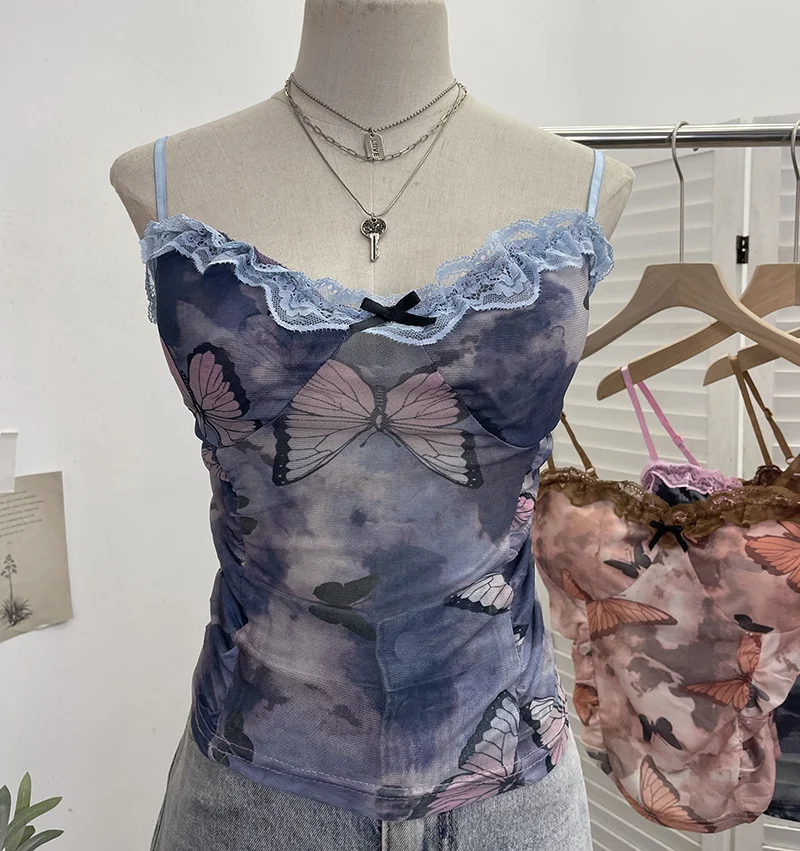 Brownm Real-Shooting Lace Bow Repair Body Tie-Dye-Print Mesh Hottie Pure Desire Sling Vest With Chest Cushion Top 8851