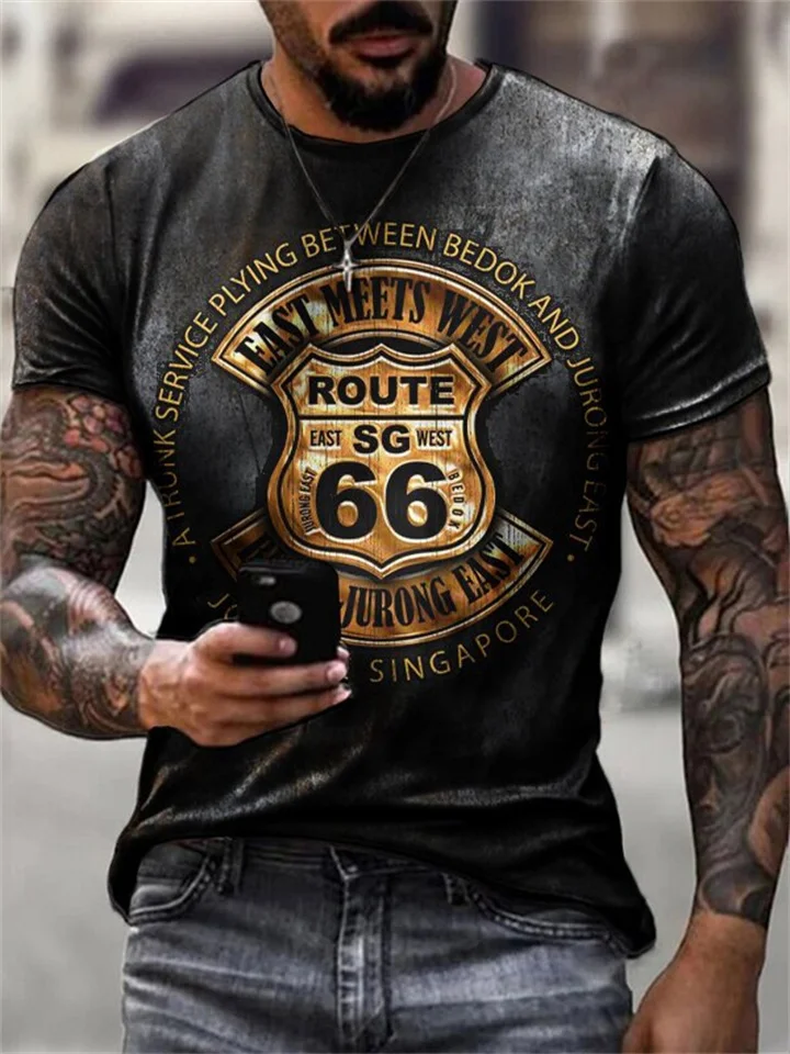Route 66 3D Print Street Hip-hop Style Slim-fit Pullover Men's T-shirt