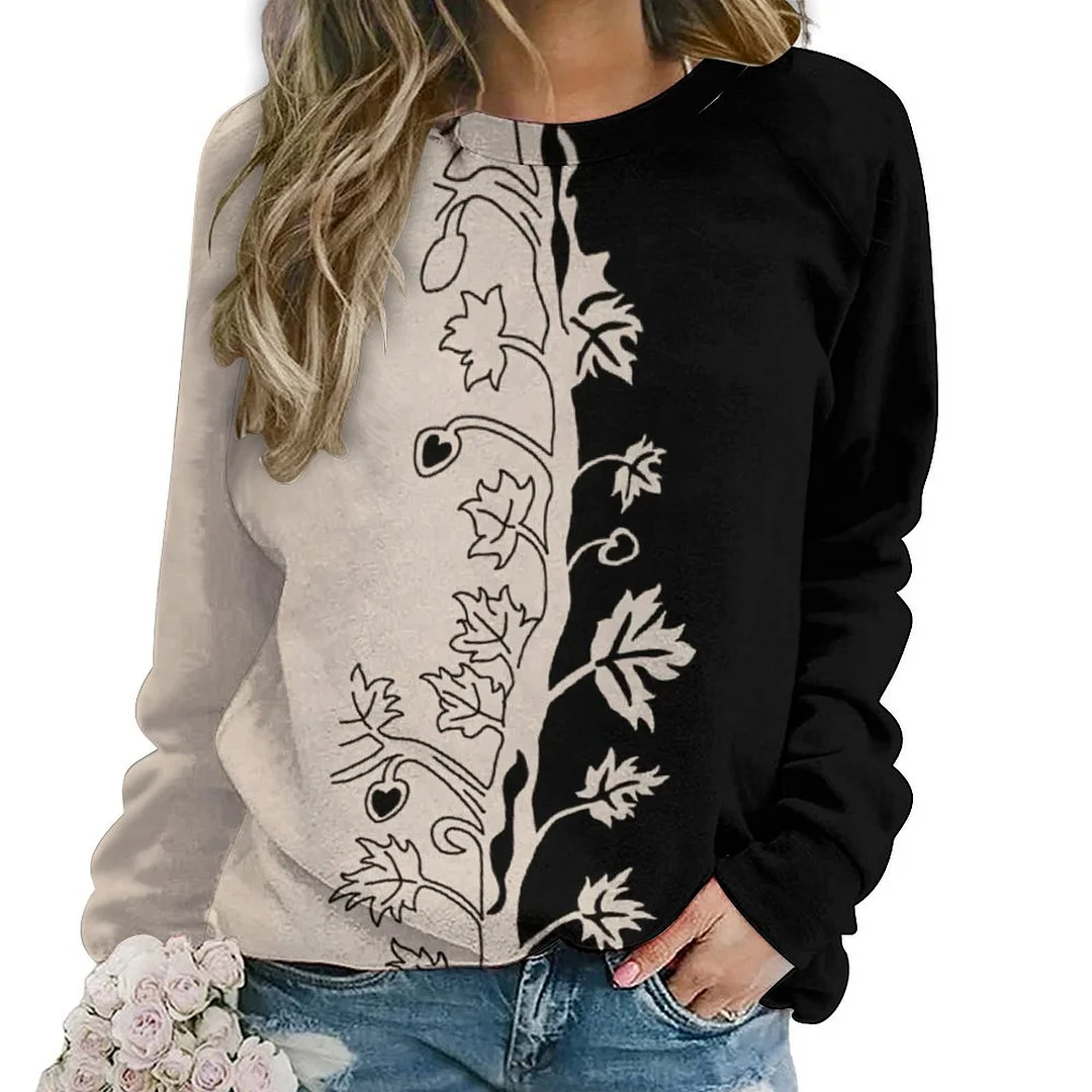 Printed Long Sleeve Casual Sweatshirt for  Women and Men Unisex Pattern Black, Floral, Beige