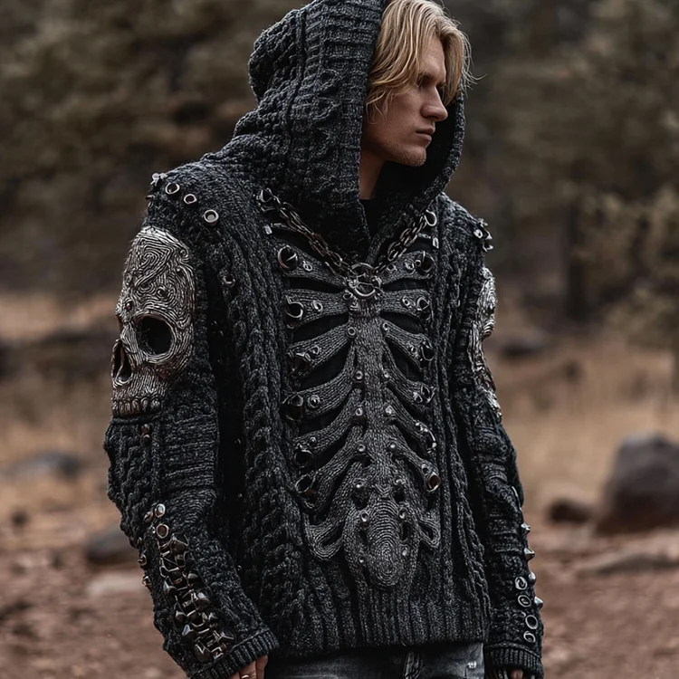 Men's Vintage Dark Skeleton Rivet Washed Long-sleeved Hooded Sweater