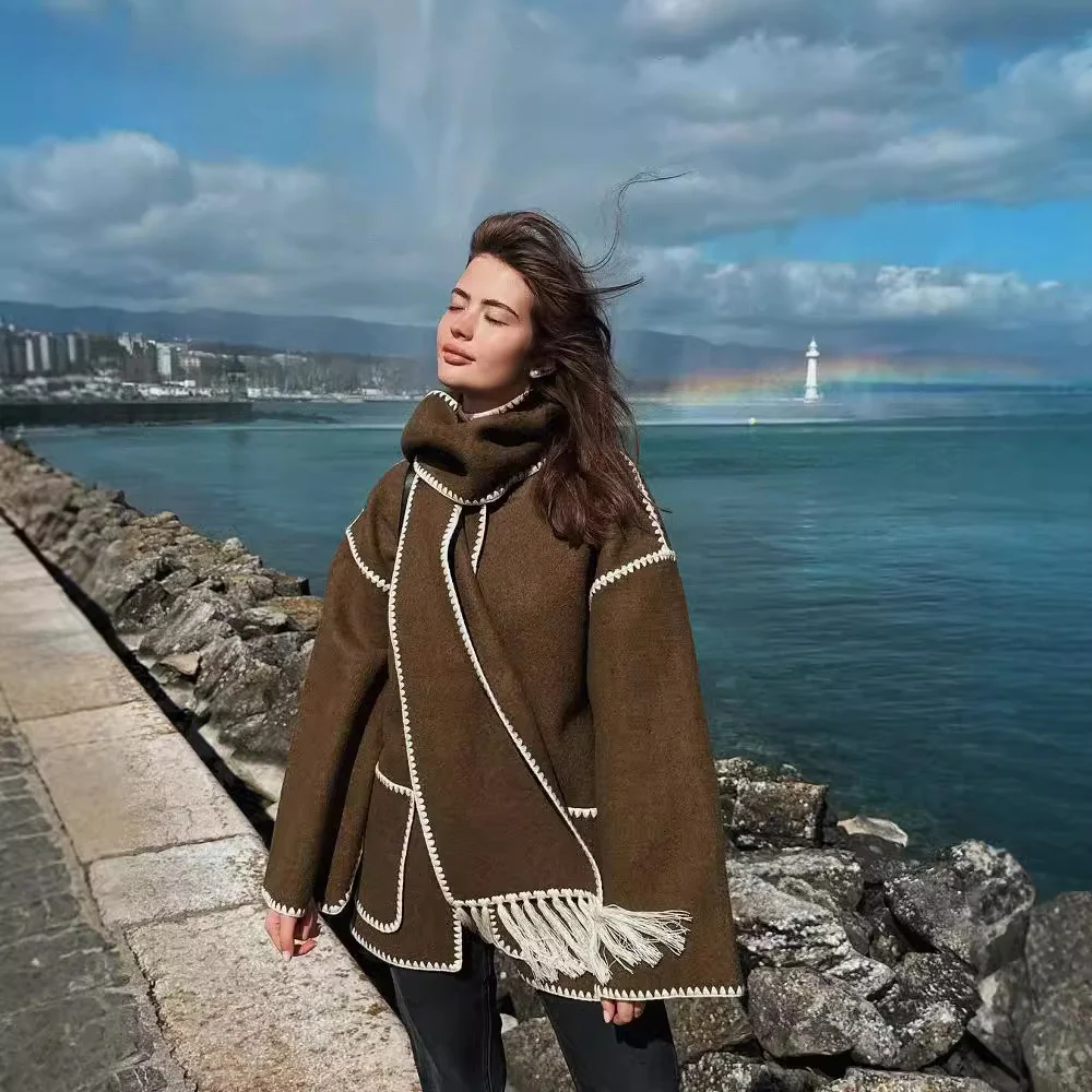 Nigikala Nigikala Women's Clothing 2025 Autumn And Winter New Fashion Wool Coat Thick Loose With Scarf Tid Lady