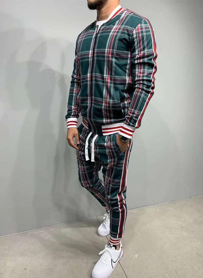 Men's Plaid Cardigan Jacket Trousers Sports Suit