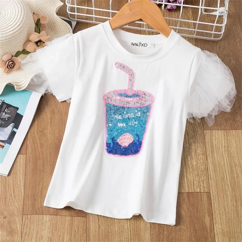 Girls T-shirts Short Sleeve Flamingo Unicorn Print Tops for Baby Girl Summer Clothes Sequins Tshirt 3-8Yrs Kids Tees for Girls