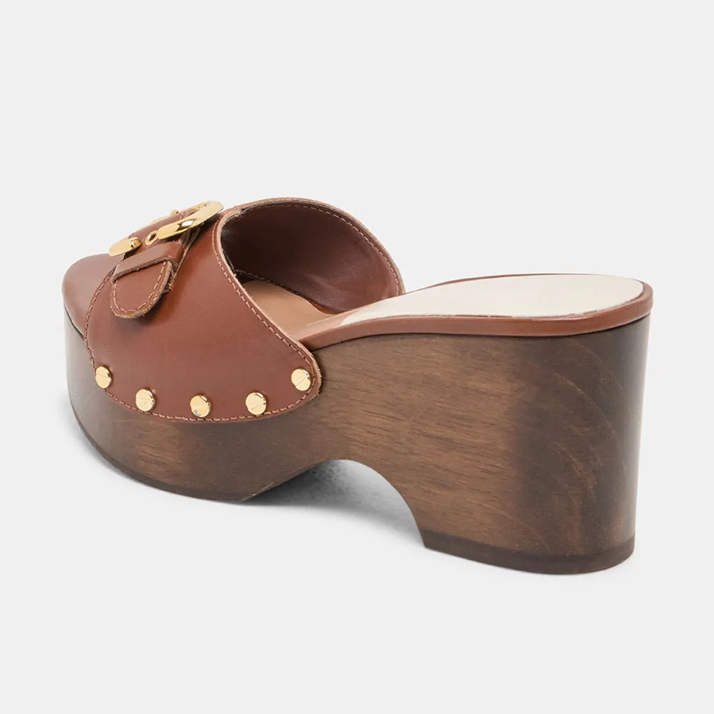 Brown Vegan Leather Open-Toe Buckle Decor Platform Mules with Studs