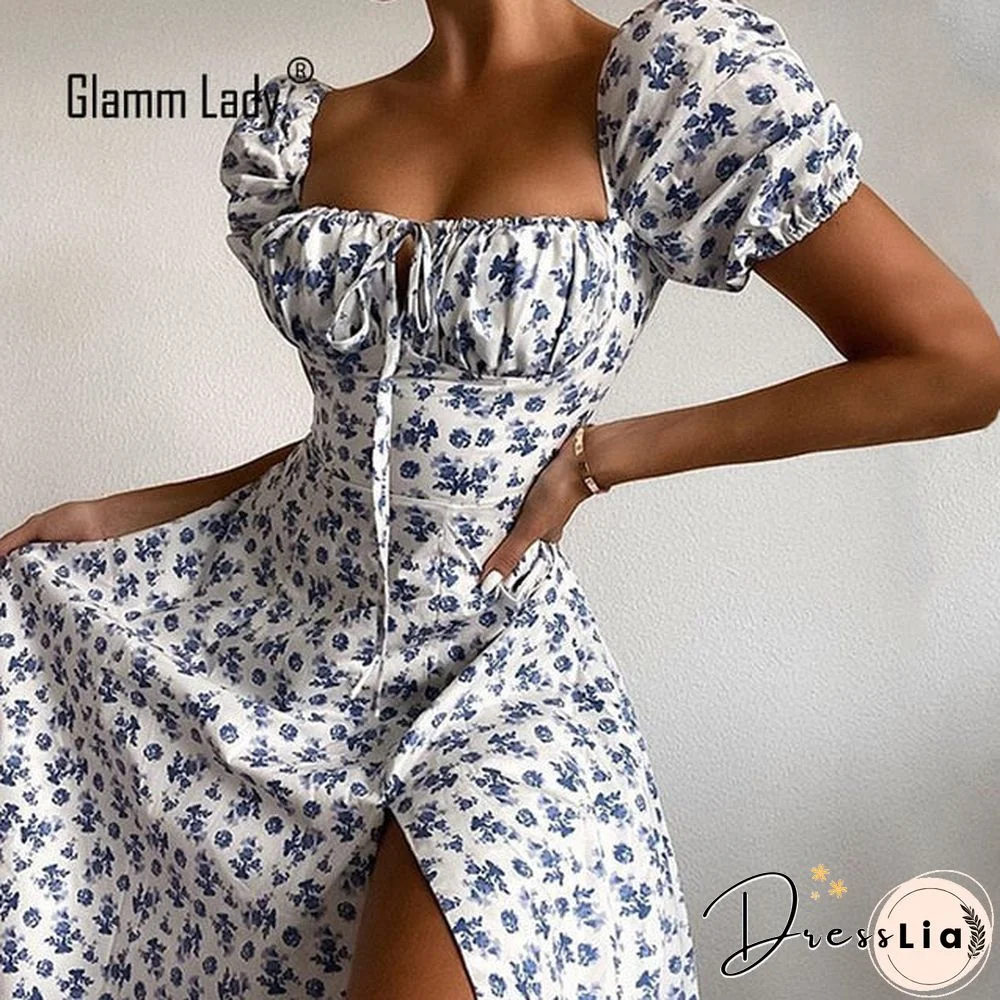 Glamm Lady Floral Print Casual Midi Sexy Party Dresses For Womens Strapless Autumn Summer Dress Club Bodycon Dress Puff Vestidos