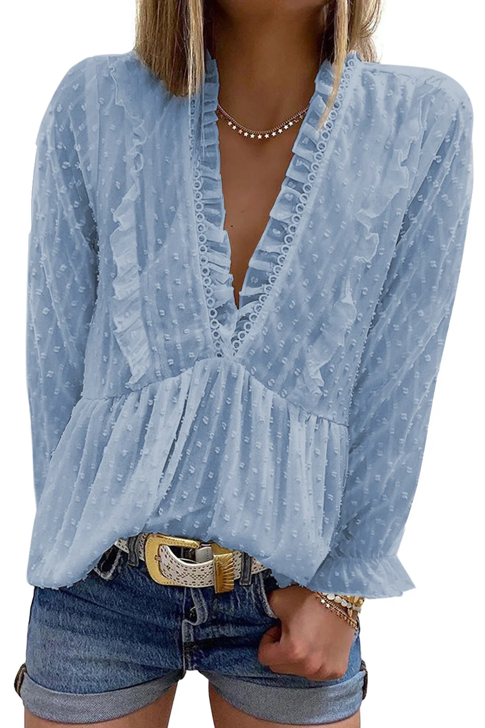 Sky Blue Swiss Dot Long Deep V Neck Pleated Sleeve Top | IFYHOME