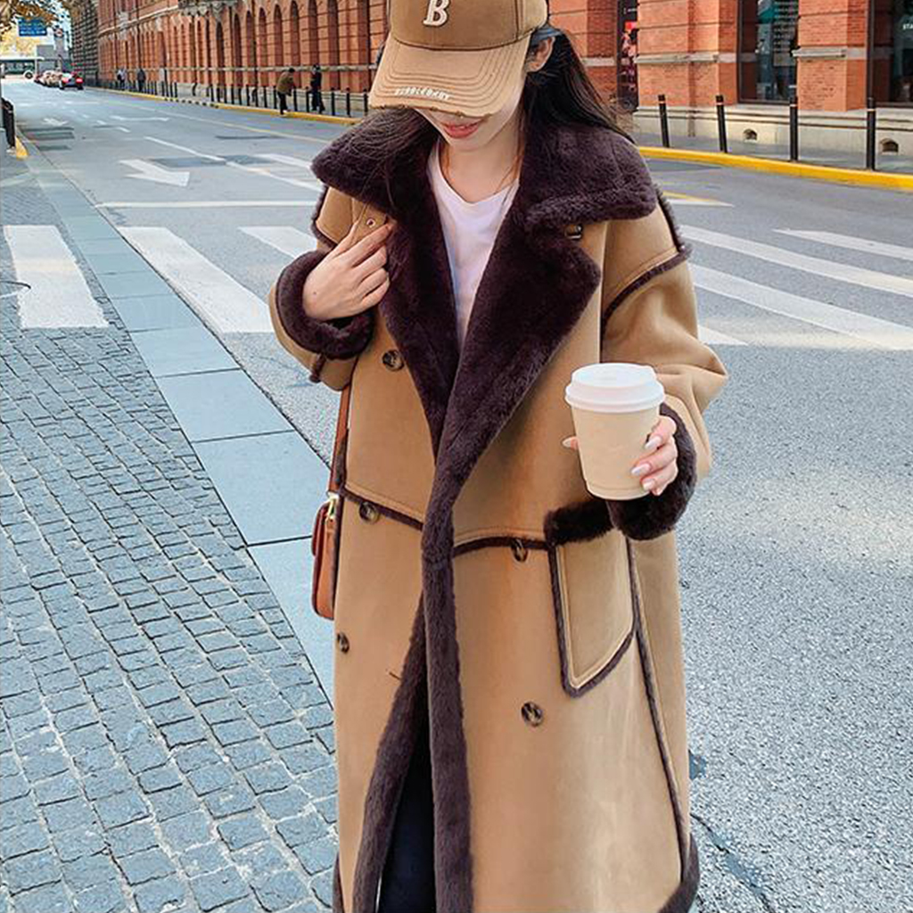 Women's Winter Lambswool Coat With Velvet And Thick Fur Mid-length