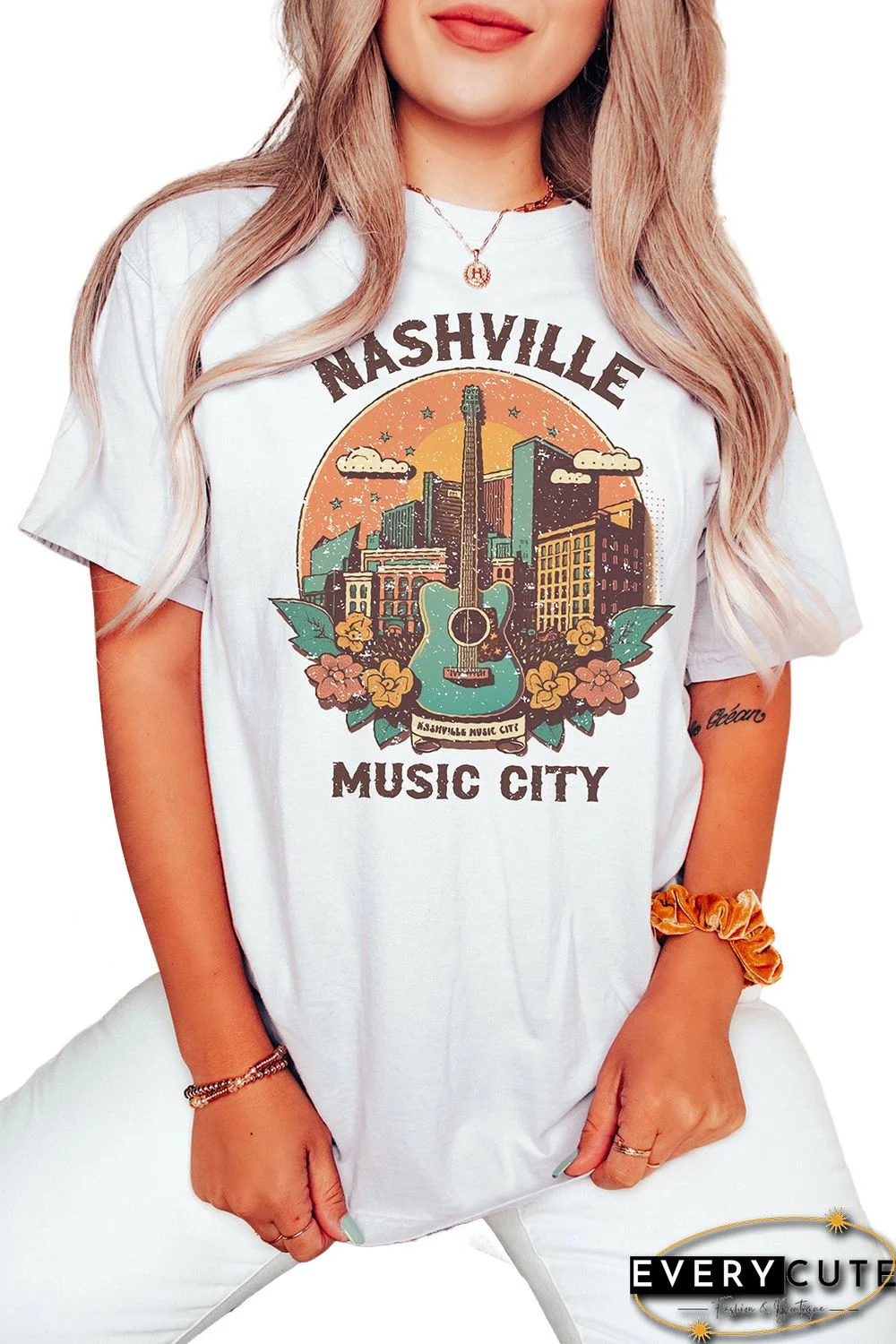White Nashville Music City Graphic Short Sleeve Tee