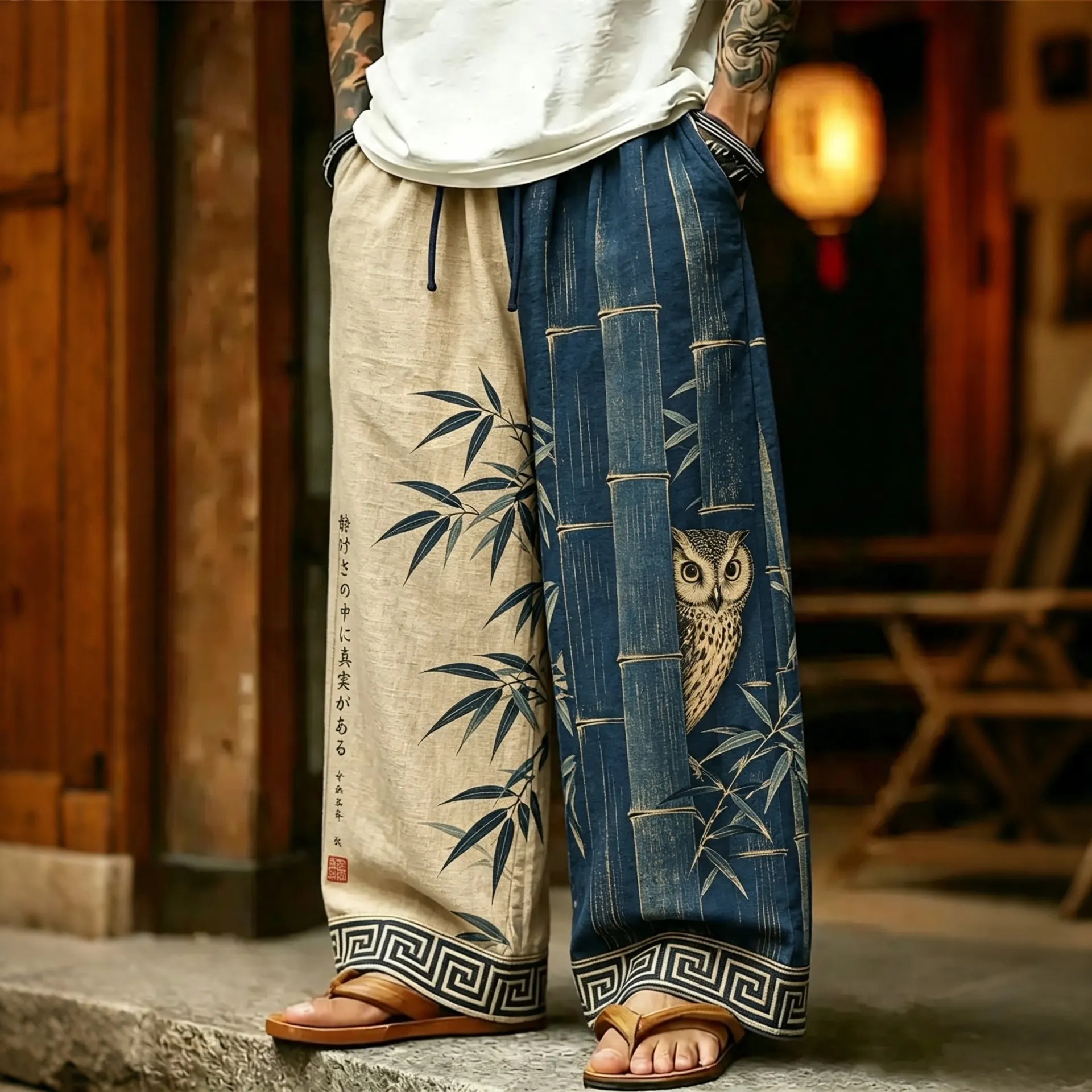 Men's Vintage Japanese Bamboo Forest Owl Art Print Casual Pants  artssus
