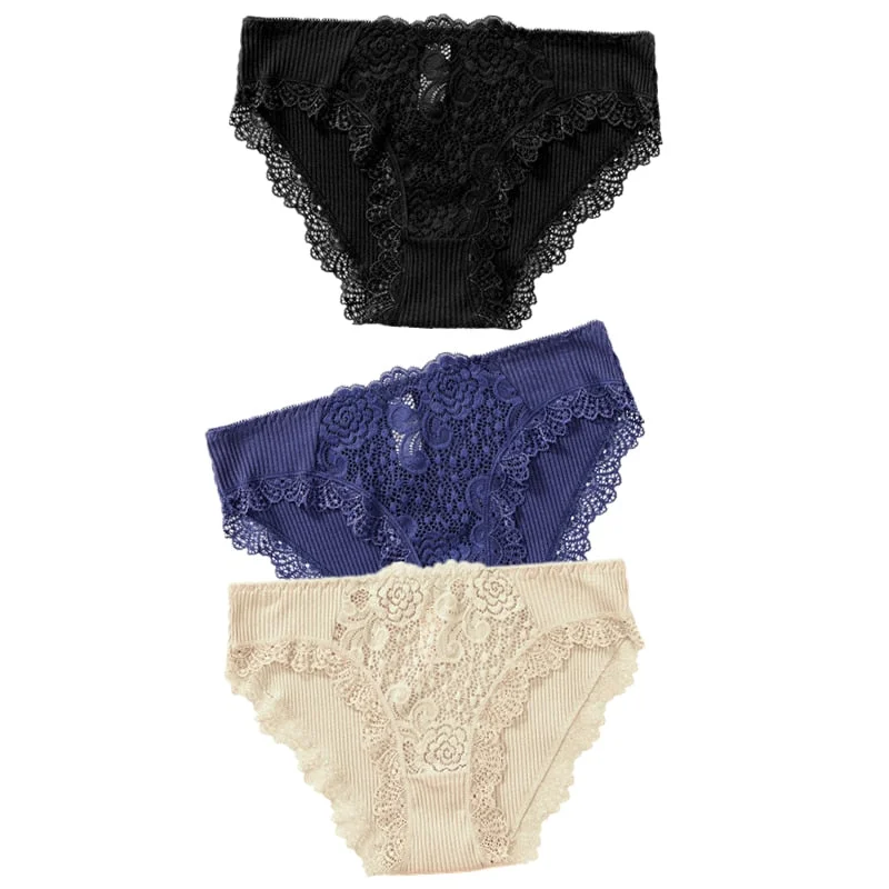 3PCS Cotton Panties Underwear Solid Women Sexy Lace Underpants Soft Briefs Set Female Intimates Plus Size Lingerie Panty XL XXL