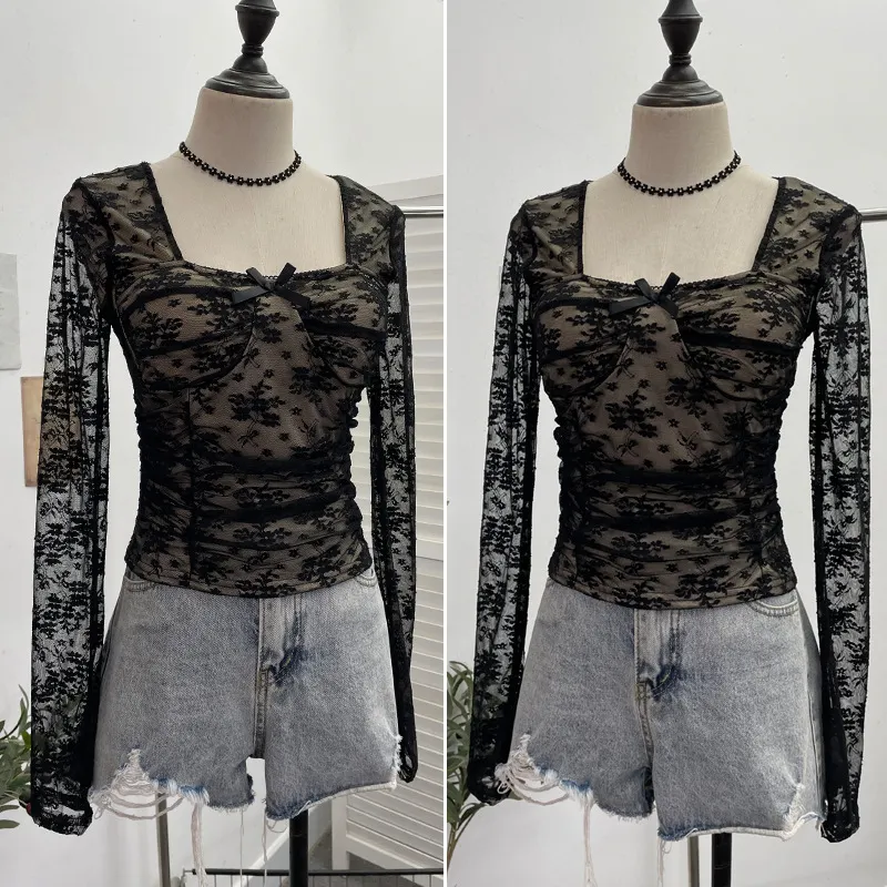 Nigikala Nigikala Pat With Chest Cushion Square Collar Bow Lace Long Sleeve Bottom Top Dress Slim Slim Short Shirt 9520